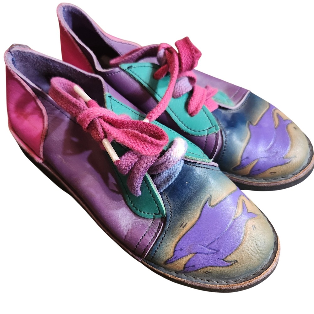 Vintage Hand Painted‎ Leather Dolphin Oxfords Colorblock Purple Pink Teal 4-5